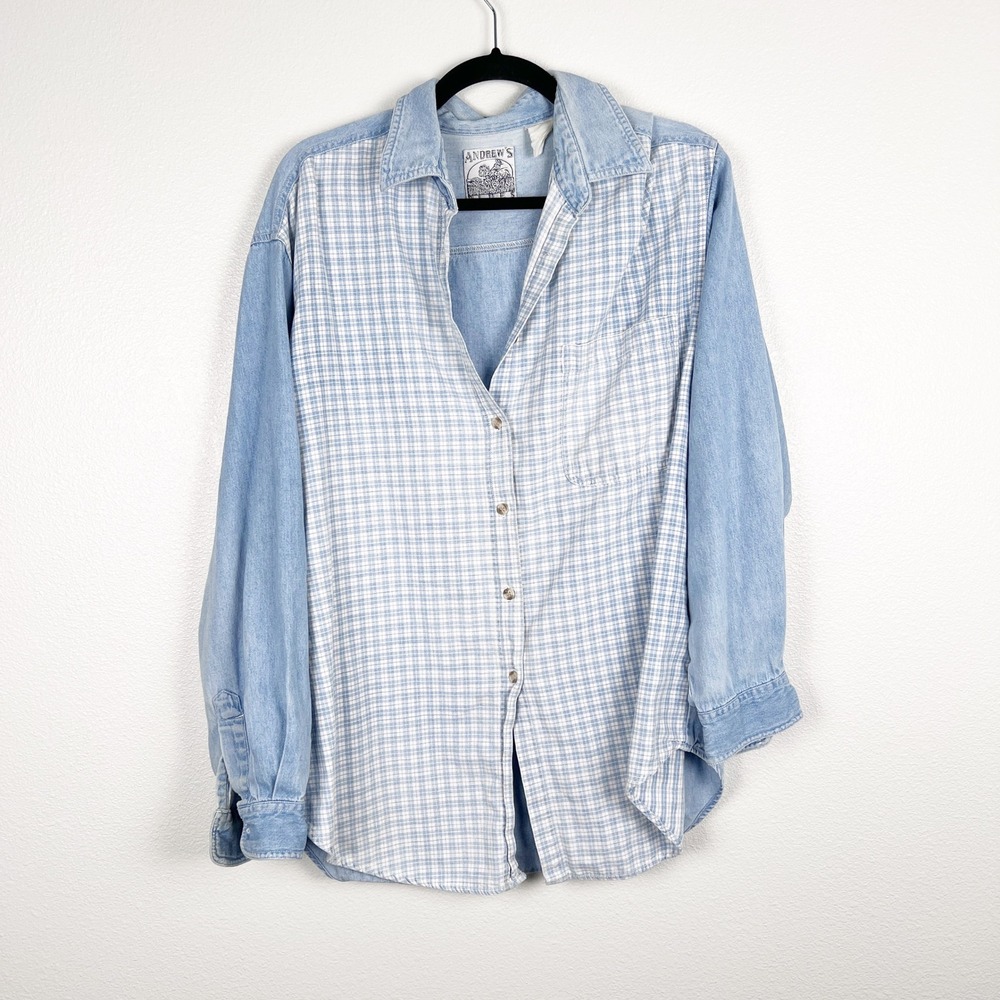 Andrew Blues Vintage Mens Button Up Shirt XL Blue Grid Pattern Denim Mix 90s